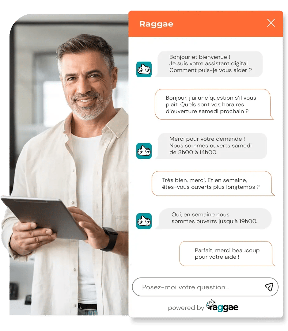 Un homme utilise raggae, le chatbot IA, sur un site web
